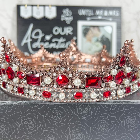 Wedding King Crown, Vintage Red Rhinestone XL Royal Crown, Baroque Crown for Men - Picture 5 of 8